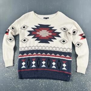 VTG American Eagle Sweater Womens Medium Cream Navy Aztec Roundneck Knit y2k